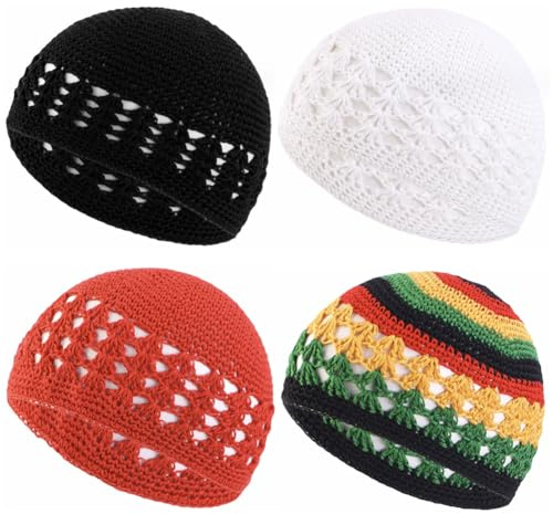 BAOZOON 4 Pcs Chapeaux en tricot Kufi Bonnets en crochet Bonnets à calotte cranienne Couleurs unies Chapeaux tricotés Bonnets en crochet musulmans pour hommes, femmes et adolescents, taille unique