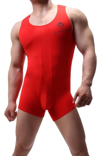 Juflam Herr modal bomull ett stycke bodysuit brottning singlet atletisk leotard underkläder gym sportkläder undertröja, röd, L