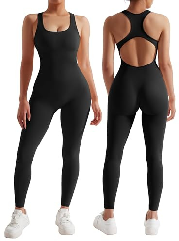 RXRXCOCO Léopard à manches courtes pour femmes - Combinaison longue et moulante - Padded - Gainant pour le ventre - Sport et yoga - Romper dos nu, Noir , M