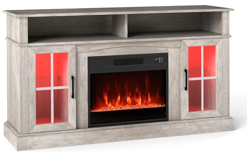 GiantexUK Electric Fireplace Insert TV Stand, Living Room Wooden Console Entertainment Center with Electric Fire, Overheat Protection & Remote Control, 1800-2000W (Gray, 24” Fireplace, for 65” TV)