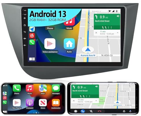 Android 13 Car Stereo for Seat Leon MK2 2005-2013 with Apple Carplay Wireless Android Auto Sat Nav,10 Inch Touch Screen Radio 2 Din with Bluetooth WIFI FM RDS+Backup 2G+32G