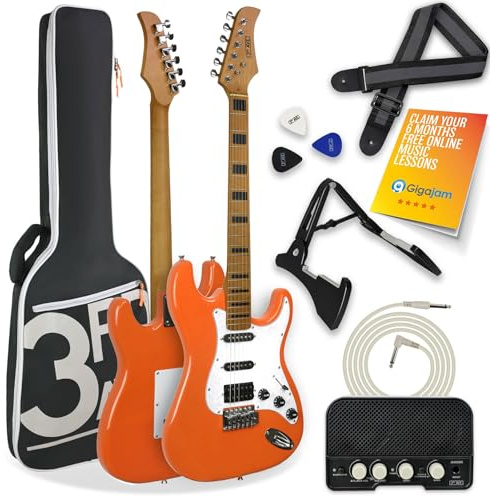 3rd Avenue Stateside Full Size 4/4 Electric Guitar Ultimate Kit with 5W Amp, Cable, Stand, Padded Gig Bag, Strap, Picks, FREE LESSONS – Canyon Orange