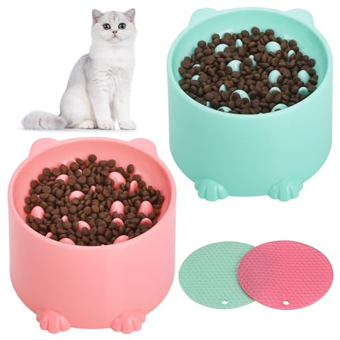 TranRantic 2 Pcs Raised Slow Feeder Cat Bowl, Plastic Elevated Cat Slow Feeder Bowl with Anti-Skid Mat, Raised Slow Cat Feeder for Dry and Wet Food (Green＆Pink)