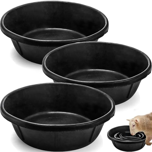 Cididu 3 Pack Rubber Feed Pan, 8 Quart Large Horse Feed Bucket, Heavy Duty Rubber Water Bowl for Livestock, Stackable Chicken Dust Bath Tub for Pig Goat Dog Cat Farm Animal Feeding, 14.5'' x 4.5''