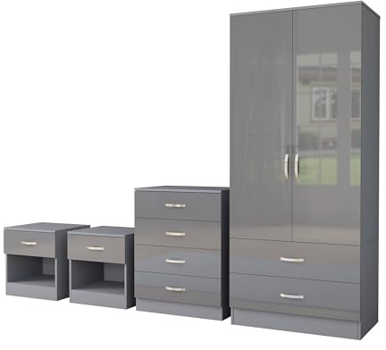 Nera Gloss Grey 4 Piece Bedroom Furniture Set 2 Door Wardrobe with 2 Drawers Chest of 4 Drawers & Two Bedside Table Bedroom Set