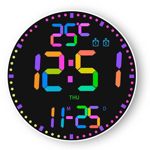 Elecbee Reloj Digital Pared Grande Redondos, Pantalla LED de 30cm/11,6, 12 Colores RGB, Relojes De Pared Grandes Digitales con Mando a Distancia, Relojes de Pared Led, Brillo Automático, Despertador
