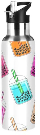 Botella de agua de acero inoxidable aislada al vacío de 20 onzas, botellas de agua a prueba de fugas para gimnasio, al aire libre, viajes, escuela, lindo té de burbujas de dibujos animados, blanco
