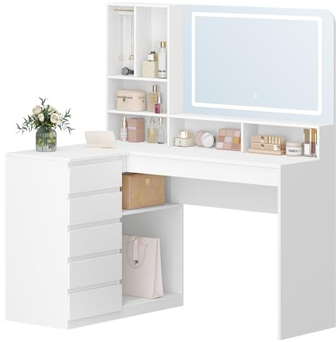 Hzuaneri Coiffeuse avec Grand Miroir, avec éclairage LED, Coiffeuse d'angle en L, avec 5 Tiroirs et 7 Compartiments Ouverts, Crochets pour Colliers, Chambre à Coucher, Blanc DT42503XEU