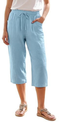 Olasfa Pantacourt Femme Été Leger Pantalon 3/4 Femme Large avec Poches Pantacourt Coton Lin Fluide Décontractés Pantalon de Plage