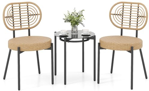 COSTWAY 3 Pieces Wicker Patio Bistro Set, Outdoor Conversation Set with Tempered Glass Coffee Table and Rattan Chairs, Metal Frame Garden Furniture Set for Balcony, Lawn and Poolside