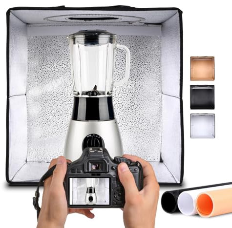 NK Caja de Luz Estudio Fotográfico Plegable (70x70cm) - 160 Leds, 3 temperaturas de Luz, Brillo Ajustable x10, RA90, Productos pequeños Joyas, Asa para Transporte (3 Fondos de Colores)