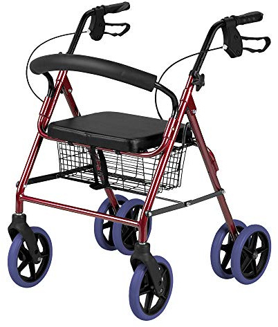 Deambulatore pieghevole leggero a 6 ruote con freni a pressione, design sicuro con cestino per trasporto, altezza regolabile, colore rosso