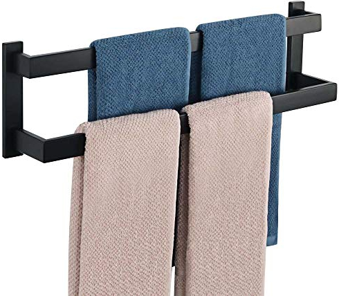 Sayayo Black Towel Rail Wall Mounted 58CM Double Bath Towel Holder for Bathroom Kitchen, 2-Tier Towels Rack SUS304 Stainless Steel, EGOY002-B