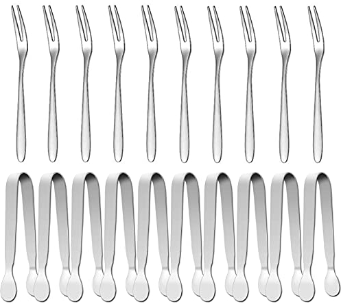 Sunenlyst - Mini pinze da portata e forchetta per frutta, in acciaio INOX, 10 pinze per zucchero a forma di cubo, piccole pinze per ghiaccio per tè e caffè, aperitivi, dolci