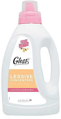 GLOSS - Lessive concentrée - Savon 100% végétal - Sans colorant - Sans conservateur - Hypoallergénique - Actif dès 30° - Parfum amande & coing - 750 ml - Fabrication française