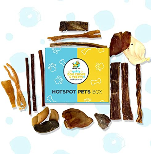 hotspot pets Large Dog Chews Variety Pack - Premium All Natural Beef - Combo Bag of Bully Sticks, Tendons, Ears & Beef Jerky for Dogs - Rawhide Free Alternative Dog Treats - 15 Pieces Mix (Large Dog)