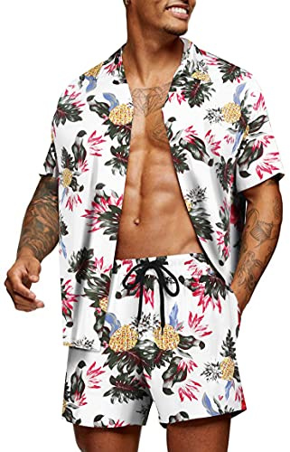COOFANDY Blomskjorta för män, Hawaii set, ledig knäppning, kortärmad skjorta