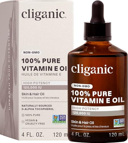 Cliganic 100% Pure Vitamin E Oil for Skin, Hair & Face - 120,000 IU, Non-GMO Verified | Natural D-Alpha Tocopherol