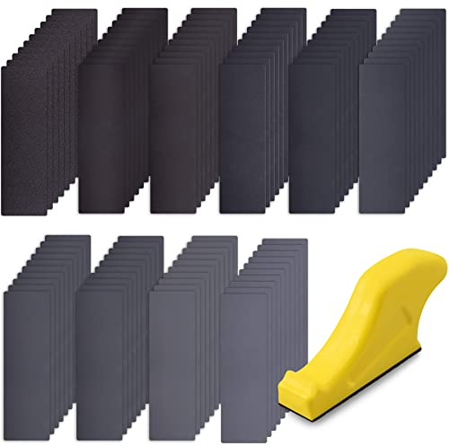 SIUQK 100 Piezas Papel de Lija con Bloque de Lijado Papel de Lija Seco/al Agua 120/180/240/320/400/800/1000/1200/2000/3000 Granos Papel de Lija Rectangular