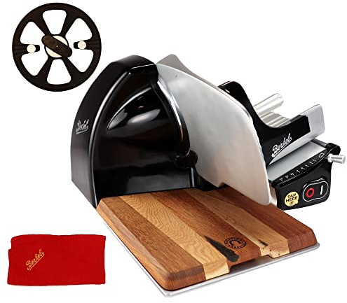 Berkel Home Line 200 Plus Trancheuse de cuisine avec ramasse-couteaux et planche en bois fabriquée à la main Noir