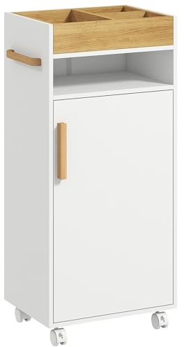 kleankin Armario de Baño Moderno Columna Auxiliar de Baño Mueble de Suelo con Estantes Ajustables Armario Bandeja Extraíble y Ruedas 40x30x88 cm Blanco y Roble