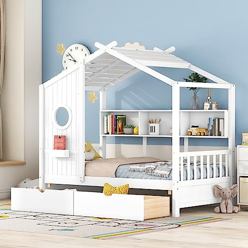 Harper & Bright Designs Twin Size House Bed with Bookshelves and Drawers, Wooden Platform Bed Frame with Headboard and Footboard, Can be Decorated, No Box Spring Needed, Space Saving, White