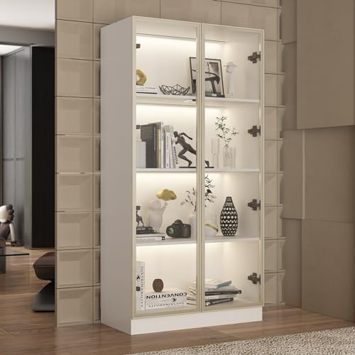 PREMTURE Glass Display Cabinet with Aluminium Frame Doors, 3 Colours Lights Collector Sideboard with 4 Shelves, Free Standing Cabinet, Tempered Glass Doors, 80W x 40D x 160H cm (White)