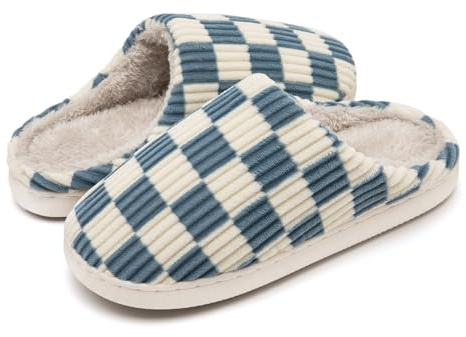 Guyarns Chaussons Femmes Hommes Hiver,Pantoufles Femmes Carreaux en Mousse Floue Glissent sur des Chaussons Moelleuses de Chambre à Coucher anti-skid Intérieur Extérieur(Bleu,40/41 EU)