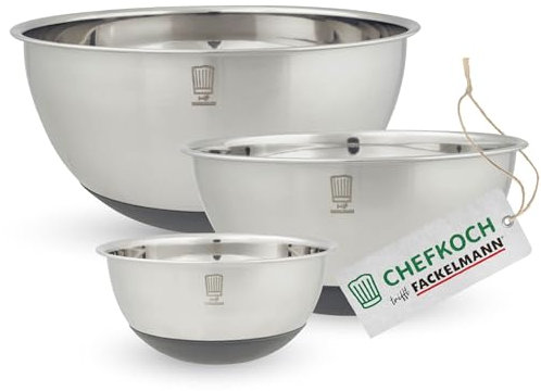 FACKELMANN Chefkoch trifft 3-teiliges Premium Schüsselset aus Edelstahl, inkl. Antirutschboden aus Silikon, 1,25l, 2,5l, 4l, ideal für Salate, Teige & mehr, spülmaschinengeeignet