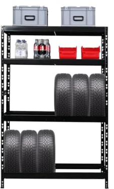PROREGAL Reifenregal Tiger | HxBxT 180x120x40 cm | bis zu 12 Reifen auf 2 Ebene + 2 Ablagen | Schwarz | Werkstattregal, Lagerregal, Kellerregal