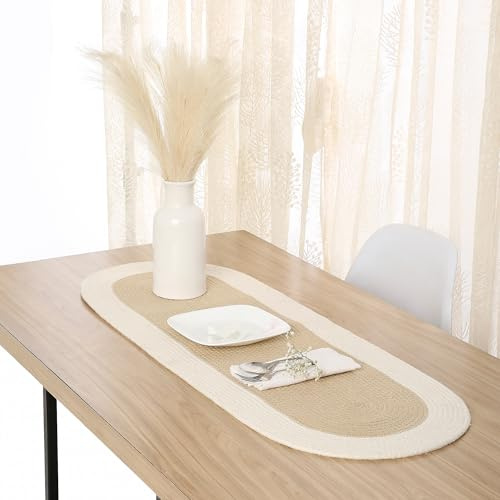 Encasa XO Camino de Mesa | Estilo Acanalado Hecho a Mano en Algodón | 30x91 cm | Beige y Blanco Roto | para Mesas de Centro y de Café