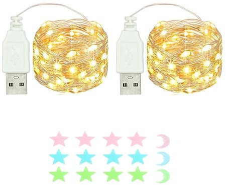 MUXIJIA Guirnalda de luces LED de 2 pieza, 50 LED 5M / 17Ft USB impermeables para exteriores/interiores para dormitorio, jardín, boda, Navidad, bricolaje, etc. (Blanco cálido)