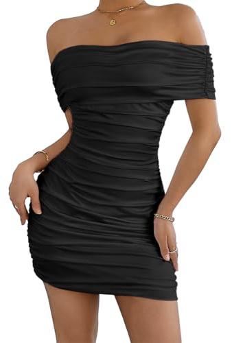 AOWVUTS Vestido Sexy Mujer Mini Vestido Sin Mangas Elegante Vestido Corto Bodycon con Hombro Descubierto Vestidos Slim Fit Elástico Vestido Hip-Hugging Ruched para Cóctel Fiesta Partido Playa Club