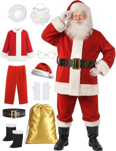 Ahititi Costume de Père Noël pour hommes, de luxe, adulte, 10 pièces, rouge, professionnel, tenue de Père Noël, cosplay, fête
