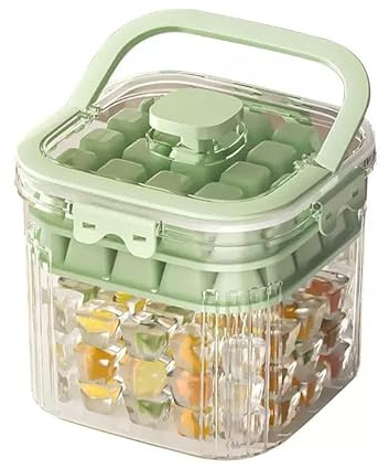 Siuper 6.7*6.7*7.1in Ice Storage Bin w/ Two Small Ice Cube Trays Molds & Scoop for Home Bar, Small Ice Bucket with Sealed Lid for Freezer, Portable Refrigerator Ice Holder Containers for Outdoor Green