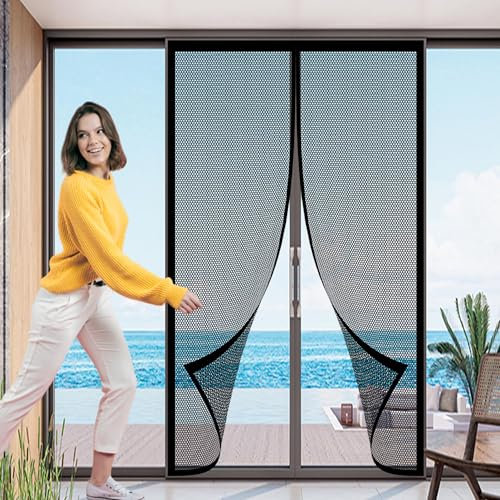 Rideau Moustiquaire Porte Fenetre Magnetique 221 x 255 cm Rideau de Protection Contre Les Insectes Anti Moustique Sans Percer pour Porte de Balcon Patio, Noir