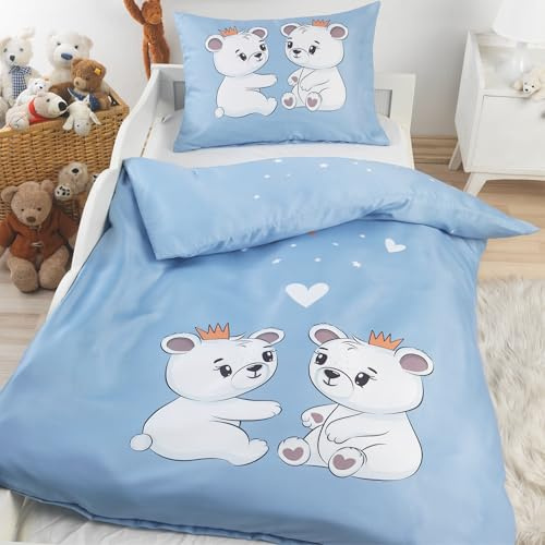 BaSaTex Kinder Baby Bettwäsche Set für Mädchen und Jungen | 100x135 cm + 40x60 cm | 100% Baumwolle Renforcé | Reißverschluss | Bärenfreunde