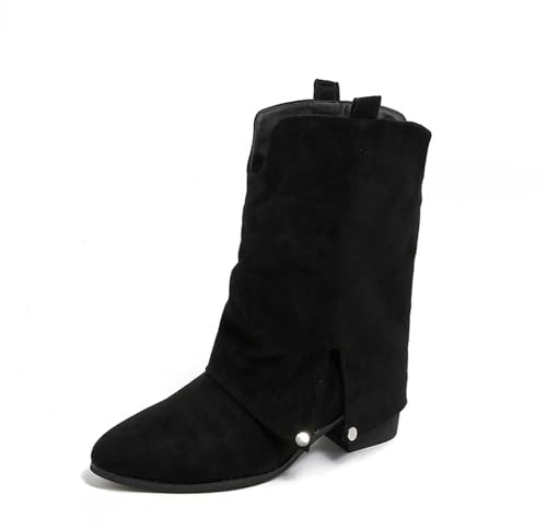 Generisch Botines de moda con abertura lateral de media pantorrilla media, botas cómodas con tacón grueso para ropa casual en invierno, Negro , 37 EU