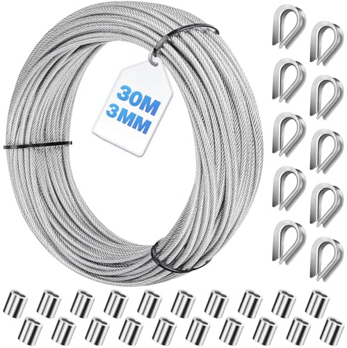 Bridokit Kit de cuerda de acero inoxidable de 3 mm, 30 m, alambre tensor con 20 manguitos de aluminio para crimpar y 10 guardacabos de acero para colgar, hacer paquetes, bricolaje, alambre de jardín