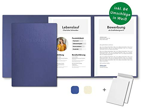 5 Stück 3-teilige Bewerbungsmappen Blau in feinster Lederstruktur - inkl. 5 Versandumschläge in Weiß - mit 2 Klemmschienen und hochwertiger Prägung ''BEWERBUNG'' - direkt vom Hersteller STRATAG