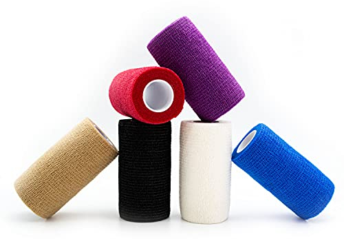 12x Selbstklebender Verband - Selbsthaftende Bandage - Pflaster Rolle - Fingerpflaster - Haftbandage - Fixierbinde - Elastischer Verband - schwarz blau lila weiß rot hautfarbe (Blau, 10cm)