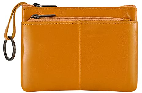 Lidwot Genuine Leather Coin Purse Wallet Mini Zip Change Purse Wallet Coin Pouch with Key Chain 3 Zippers, Yellow Brown, Coin Purse with Key Ring, 3 Zippers