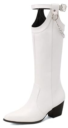 JIEEME Bottes montantes en microfibre avec doublure en velours et fermeture éclair à bout pointu avec talon moyen Bottes longues faites à la main pour femme Grande taille 35-45 Z122-6S, Blanc., 45 EU