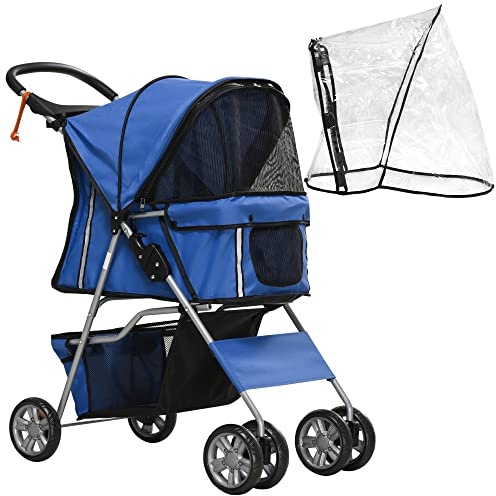 PawHut Cochecito para perros con cubierta de lluvia, carrito plegable para perros de hasta 10 kg, para perros pequeños, con portavasos, ventana de red, carrito para gatos, azul, 75 x 45 x 97 cm