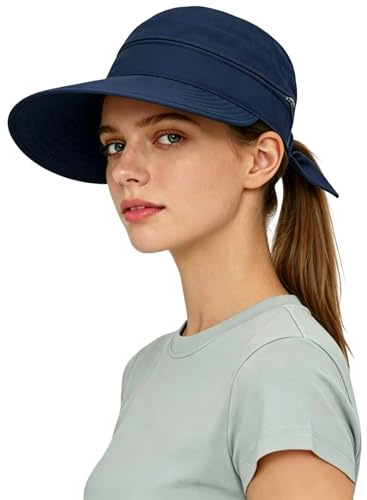 ITODA Femme Casquette Grande Visière Anti-Soleil en Coton Chapeau de Soleil Pliable Contre UPF 50+ Casquette Haut Vide Queue de Cheval Pare-Soleil Capeline d'été Large Bord Chapeau de Plage Voyage