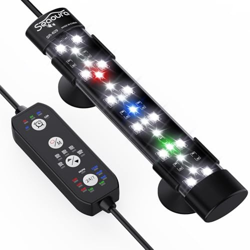 SEAOURA Éclairage LED d'aquarium avec cycle 24/7, lumière d'aquarium avec minuterie, marche/arrêt automatique, spectre complet + 7 couleurs individuelles, 10 niveaux de luminosité (18cm)