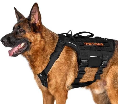 OneTigris Hundegeschirr, Torpedo Taktisches Geschirr mit 4 Metallschnallen 3 Metall-D-Ringen 2 Griffe und Reflexstreifen No-Pull Einstellbar Sicherheitsgeschirr für Große/Mittlere Hunde - Schwarz XL