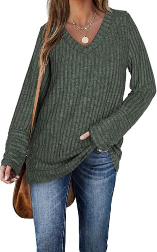 DUOEASE Maglietta Donna Casual Autunno e Inverno Felpa Donna Scollo a V Maniche Lunghe Verde Scuro-L