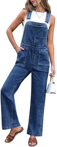 luvamia Womens Jean Overalls Denim Casual Loose Fit Jumpsuit Denim Baggy Overalls for Women Straight Wide Leg Stretchy Adjustable Strap Jean Jumpsuit Classic Blue Size Small US Size 4-6