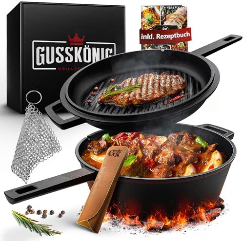 GUSSKÖNIG Dutch Oven – Pot en matériau robuste prétraité 2-en-1 (3 L) et poêle (1,5 L) – Cocotte Norvégienne – Marmite – incl. livre de recettes et accessoires pour BBQ, camping et cuisine.